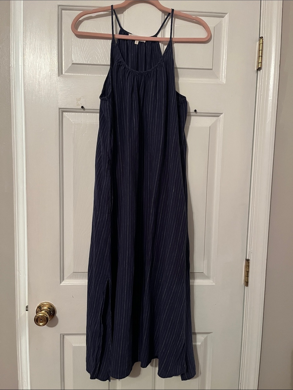 Lou & Grey Navy Pinstripe 100% Linen Midi Dress